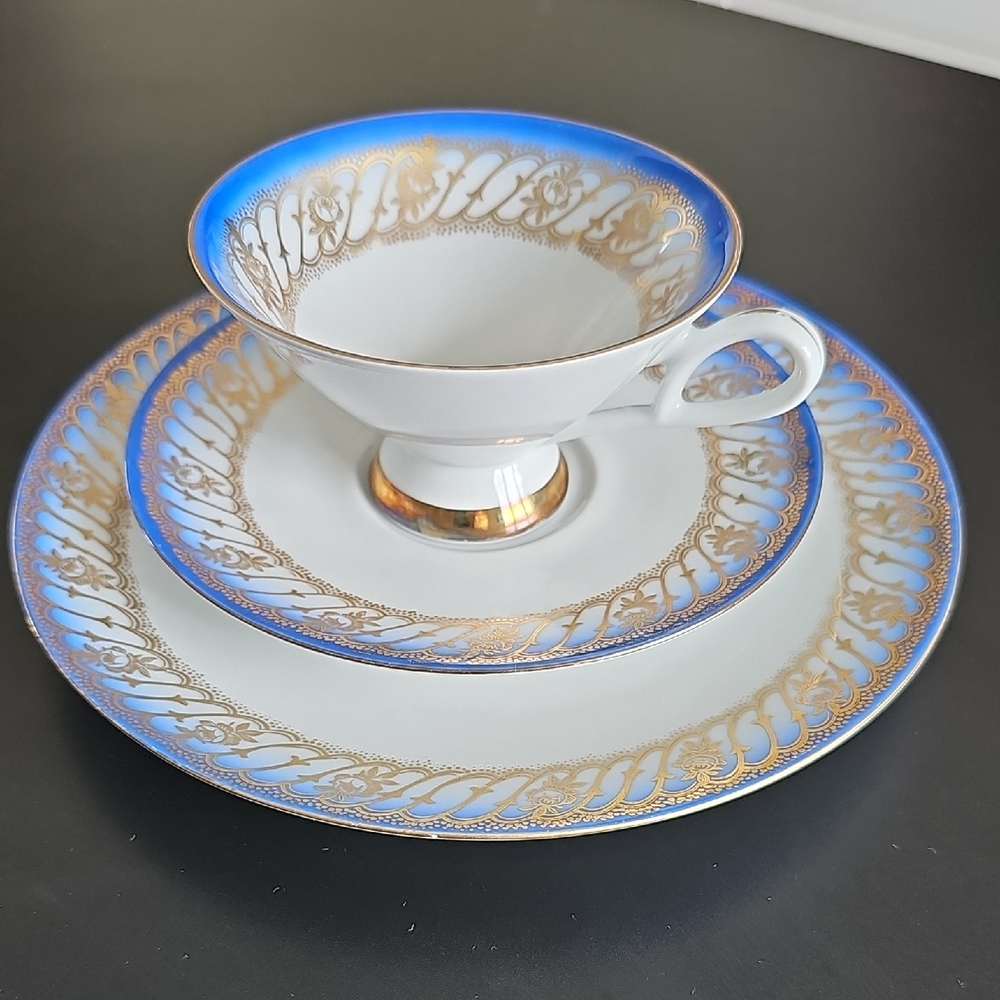 Elegant Blue and Gold German antique Tea Set.Bareuther Waldsassen.